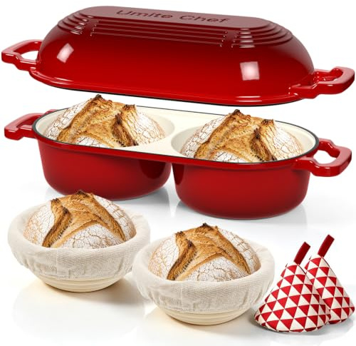 Umite Chef Dutch Oven for Bread Baking–Enamelled Cast Iron Dutch Oven Pot with Lid – 500°F Oven Safe–Double Round Loaf Bread Pan with 5 Banneton Proofing Baskets for Homemade Bread, Meatloaf, Cake