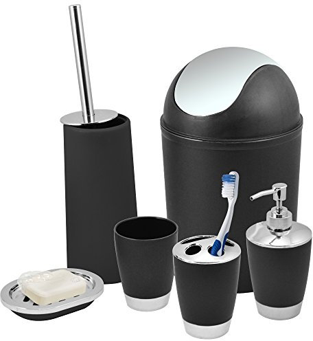 Kabalo Black 6 Piece Bathroom Shower Accessory Set Bath Accessories - Bin, Soap Dispenser & Dish, Toilet Brush, Toothbrush Holder, Tumbler Cup