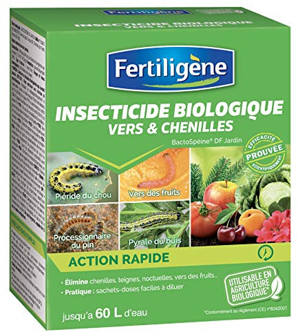 FERTILIGENE FBAC - Insecticide Vers et Chenilles UAB 30 g - Base Bactospéine - 12 Sachets unidoses de 2,5 g à diluer - Contre Pyrale, vers des fruits, processionnaire - Jusqu'à 60 L et 600 m² traités