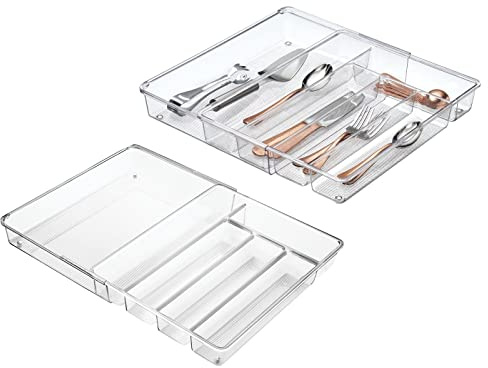 mDesign ausziehbarer Besteckkasten für Schublade und Küchenschrank – Küchen Organizer mit sechs Fächern aus BPA-freiem Kunststoff – Schubladeneinsatz für Küche, Bad und Büro – 2er-Set – durchsichtig