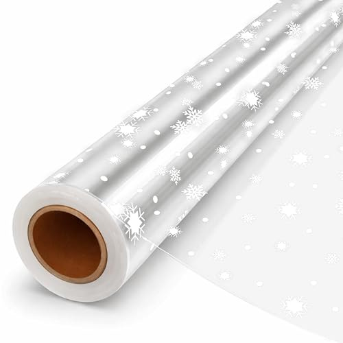 Cellophane per Cesti Regalo (40CM x 30M) - Fiocchi di Neve Carta trasparente per Confezioni Natalizie - Cellophane Trasparente per Regali di Natale, Ceste Regalo e Imballaggio