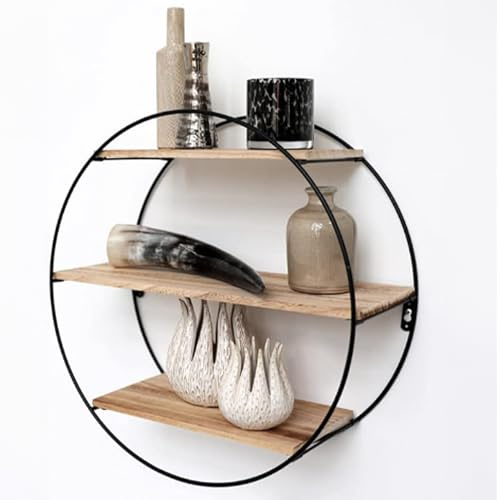 Vivol Wandregal Rund Schwarz 50x19 cm, hängendes Metall Wandregal mit 3 Holzböden, rundes Dekoregal & modernes Wandregal rund für Wohnzimmer, Schlafzimmer, Kinderzimmer, Flur, Büro & Deko Wanddeko Set
