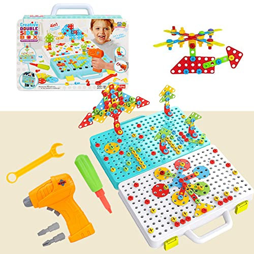 HONPHIER 252 PCS Mosaik Steckspiel Schraube Spielzeug 3D Puzzle Mosaik Spielzeug Schrauben Spielzeug Set mit Elektronischem Bohrer Spielzeug für Kinder Junge Mädchen