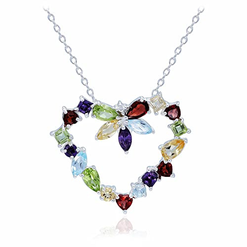 Sternvoll® Collier pour femme en argent sterling 925 avec pierres précieuses multicolores topaze bleue, citrine, grenat, améthyste, péridot en forme de cœur, Gemme, améthyste, topaze bleue, citrine,
