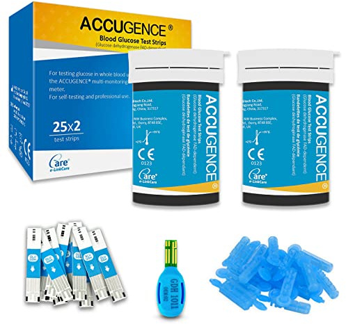 ACCUGENCE Tiras Glucosa, 50 x Tiras de Prueba de Glucosa, Tiras Reactivas Glucosa para y 50 lancetas (Apropiadas para el ACCUGENCE PM900 3 en 1 Monitor multifuncional)