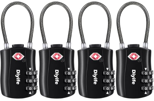 Diyife TSA Approved Luggage Locks with Flexible Steel Cable, Easy to Set up | 3-Digit Combination Suitcase Locks, Small Padlocks with Code for Travel, Bag, Backpack, Zinc Alloy Body (Black, 4 Pack)