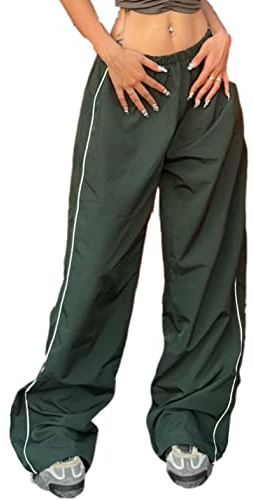 Shebote Womens Parachute Pants Wide Leg Baggy Y2K Elastic Waist Jogger Sweatpants Track Pants Streetwear(0046-ArmyGreen-M)
