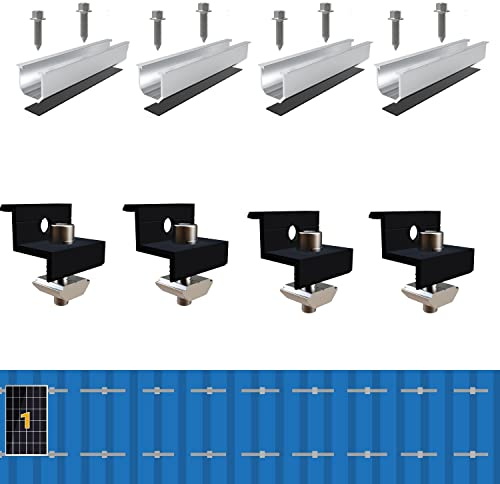 Solarmodul Halterung Kit 12cm und Zubehör Schwarz Eloxiert 30-35mm Verstellbar,Halterung für Solarmodule,Für Solarpanel Halterung,rapezblech Trapezblech Montage PV Befestigung Set | Aluminium Solarpanel Halterung PV Befestigung Set mit 4x Schiene + 4x Klemme für Trapezblech Flachdach