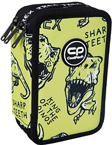 CoolPack XXL Pencil Case 3-Compartment School Pencil Case Triple Pencil Case for Girls Boys Pencil Case 44-Piece Filled Student Case 3-Tier Dino Adventure, Multicoloured, Pencil case