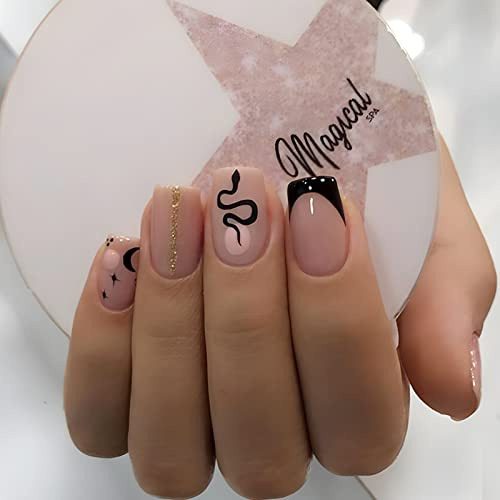 24 Stück Eckig Nägel Zum Aufkleben Kurz, Nude Schwarz French Künstliche Nägel, Ballerina Natural Kunstnägel Press on Nails mit Schlange Design, Square Fingernägel Fake Nails für Frauen und Mädchen