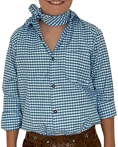 Trachterbahn Camicia da ragazzo con pantaloni in pelle a quadretti e cotone bianco a maniche lunghe con foulard 45 x 45 cm e tasca sul petto, Azzurro, 152