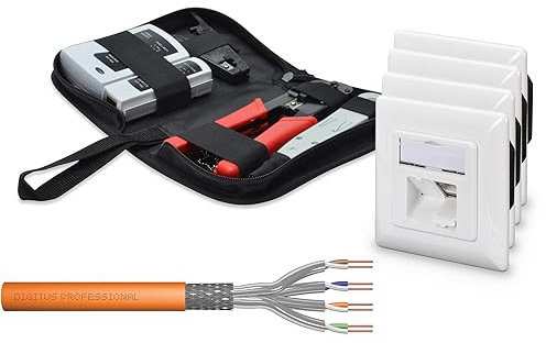 DIGITUS Set: Cat-7 Verlegekabel 50 m + 4x Netzwerkdose Cat-6A (2-Port) + Werkzeug-Set // LAN-Kabel Installationskabel Cat.7 S-FTP PiMF Simplex BauPVO Dca LSZH Halogenfrei 1200 MHz Kupfer AWG 23/1