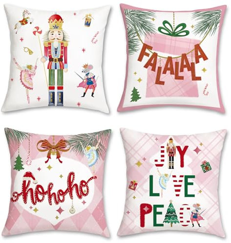 Bonhause Christmas Nutcracker Cushion Covers 45 x 45 cm Xmas Holiday Party Decorative Throw Pillow Covers Pink Pillowcases for Sofa Bed Home Winter Decor Set of 4