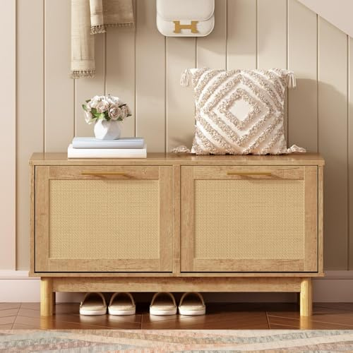 HOOBRO Shoe Storage Bench, Rattan Entryway Bench with 2 Flip Drawers, 39.4'' Hidden Shoe Cabinet with Adjustable Shelves, Comfort Seat Holds 300lb, Large Capacity Fits 8-12 Pairs, Natural NL51HX01