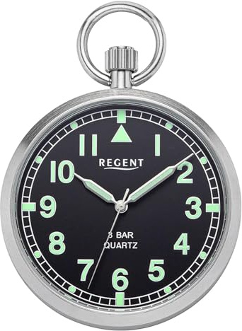 REGENT Herren Taschenuhr Edelstahl 43 MM Quarz Arabische Zahlen mit kurzer Kunstlederkette und Tasche
