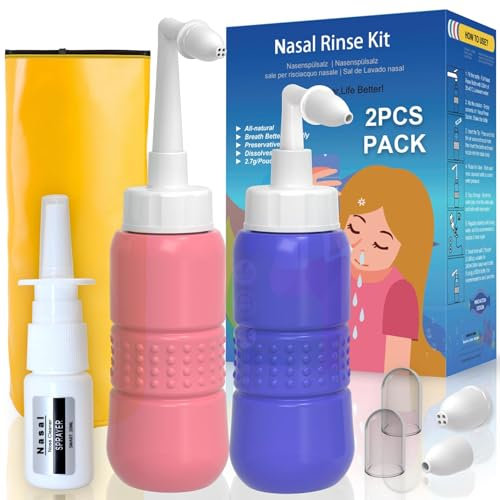 2Pcs-Pack Nose Rinse Kit Neti Pot Nasal Clean Nose Wash Sinus Rinse Bottle with 2Nozzle,Empty Sprayer for Outdoor,Without Nasal Rinse Mix,Blue+Pink