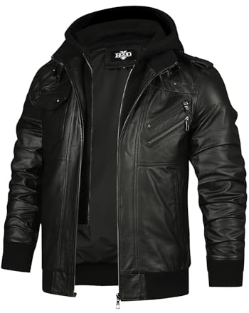 HOOD CREW Men’s Genuine Cowhide Leather Jacket Black Hooded Motorcycle Biker Jacket for Men