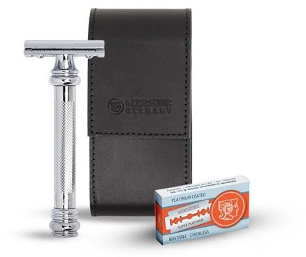 MERKUR Premium Rasierset 5004 | Bundle mit MERKUR Rasierhobel 38C, 10 Doppelklingen und schwarzem Lederetui | Ideal für die Reise | Zweiteiliger Rasierer mit geradem Schnitt | Glanzchrom