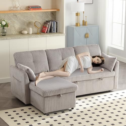 HAINEW Modern hörnsoffa hörnsoffa med sovfunktion och sänglåda, stoppade möbler, 3-sitsig soffa, soffa med kudde och armstöd, sammet loungesoffa, bekväm soffa för vardagsrum (ljusgrå + sammet)