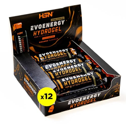 HSN Hydrogel Evonergy avec caféine Orange Lot de 12 unités de 70 ml 30 g glucides par gel Rapport 1:0,8 (glucose : fructose) | Haute aqueté | Non-OGM, végétalien, sans gluten ni lactose