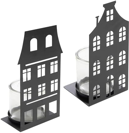 Metall Kerzenhalter Haus Silhouette schwarz 28 x 12 cm - 2er Set - Windlicht mit Glaseinsatz Motiv 2-Fach Sortiert - Weihnachtsdorf Skyline Tisch Deko Laterne für Weihnachten Advent Winter