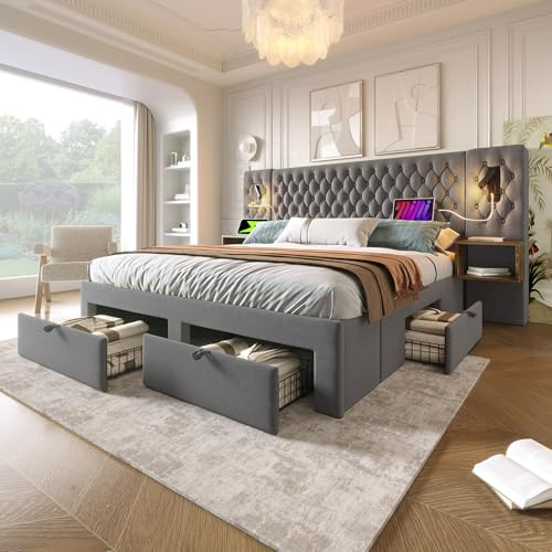 Dolamaní Modern Polsterbett Doppelbett 180×200 cm mit 2 Nachttischen und 4 Schubladen, Bett mit Stauraum & Lattenrost, Kopfteil Leselicht mit USB und LED, Samt, Ohne Matratze (Grau mit Schubladen)