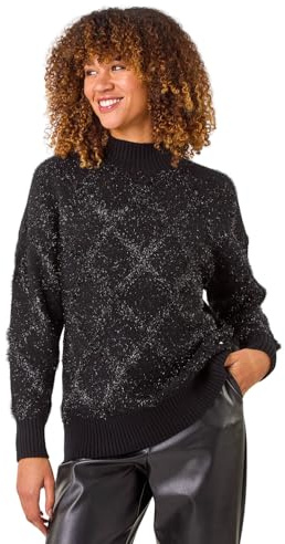 Roman Diamond Print Tinsel High Neck Jumper for Women UK Ladies Autumn Everyday Winter Holiday Long Sleeves Soft Funnel Neckline Comfy Warm Feel Top Office Desk