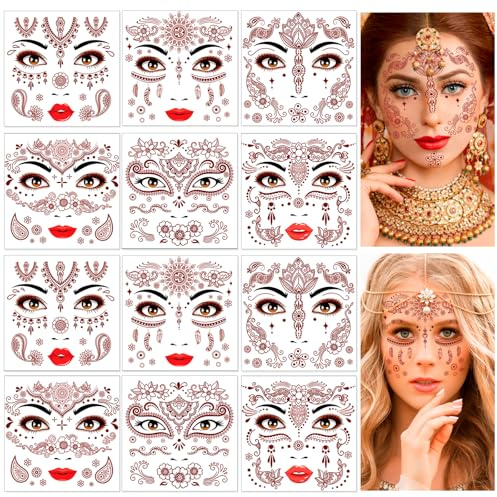 DPKOW 12 Stk Gesichtstattoos Mandala Blumen Temporäre Tattoos, braun rote Klebetattoos indische Spitzen Temporäre Tattoo Eid Ramadan Schminke Frauen Mädchen, Wasserdichte Temporäre Tattoos