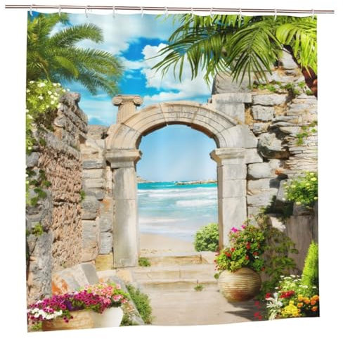 YUAOEUR 3D Landscape Garden Shower Curtain 79X72 Inch Stone Arch Sea Side View with Palm Trees Flowers Blue Sky Outdoor Picture Garden Bathroom Decor with Hook