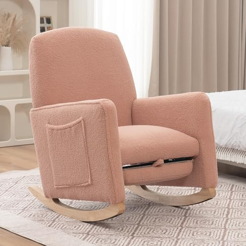 SUKY Schaukelstuhl mit Hocker, Teddy-Stoff, Relaxsessel mit Ottomane, Schaukelstuhl für den Innenbereich mit hoher Rückenlehne für das Wohnzimmer (Rosa)