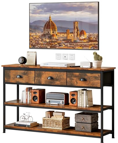Fuyoula Mobile TV per TV fino a 55，Tavolo Console Industriale con 3 Cassetti, 120 x 29 x 77 cm, Ripiani in Legno e Struttura in Metallo, Marrone Rustico e Nero (Marrone)
