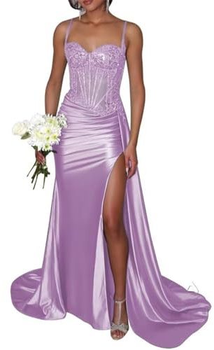 SAYNO Vestidos de ceremonia con cuello en V, plisados, vestidos de noche formales para invitados de boda, vestidos de vacaciones sin tirantes, Lila, 40