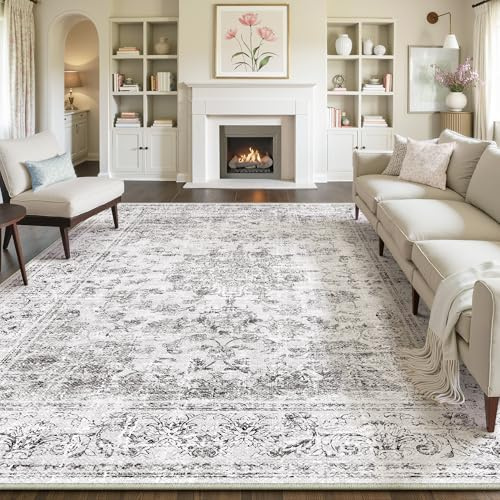 PureCozy Teppich Wohnzimmer Grau 240x300cm Waschbarer Vintage Wohnzimmerteppich Schlafzimmer Kurzflor Weich rutschfest Groß Carpet Living Room Esszimmer Bedroom Büro Teppiche