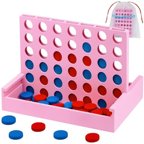 VingaHouse 4 in Einer Reihe Spiel Holz, Strategiespiel für 2 Spieler | Familienspiel Pädagogisches Lernspielzeug, Geschenk für Kinder& Erwachsene, Vertikales Brettspiel für Zuhause& Reisen [Rosa]
