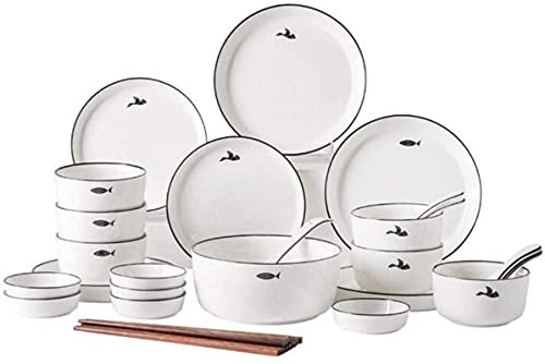 Ceramic Dinnerware Set Modern Bird and Fish Pattern Plates and Bowls Microwave and Dishwasher Safe, 32 Piece Set, 4 Pieces Bowls