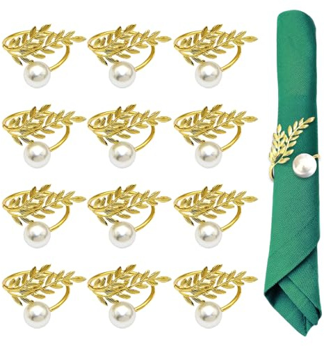 12 Stück Serviettenringe Gold, Weizen Blattförmige Serviettenhalter aus Metall Stilvolle und Elegante Serviettenringe Tischdekoration für die Dekoration Hochzeit für Tisch den täglichen Gebrauch