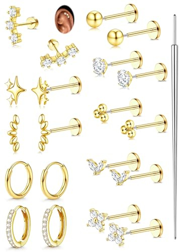 KRFY 10Stück Ohrringe Gold Set Hypoallergene 316L Chirurgenstahl Ohrringe für Damen Medizinische Ohrstecker Creolen Set Wasserfest 14K Vergoldet Medusa Helix Tragus Piercing Ohr Gold