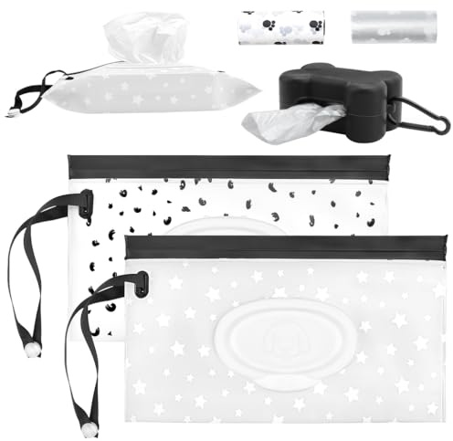 FIDWALL Dog Wipes Dispenser Set, 2 Refillable Pet Wet Wipe Pouches with Poop Bag Holder and 2 Rolls Dog Waste Bags, Suitable for Dog Paw Grooming