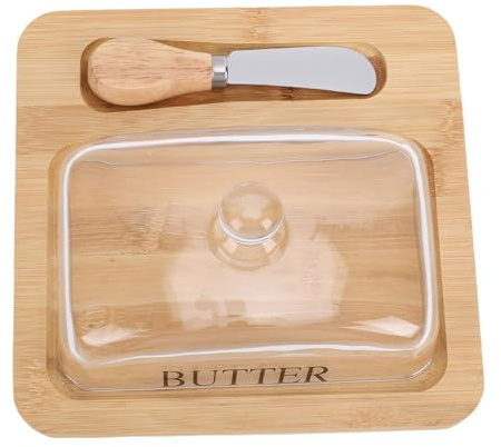 Fockety Mantequera con tapa, recipiente para mantequilla con tapa de cristal transparente y cuchillo de acero inoxidable, recipiente para mantequilla para tartas de queso (Color maderas)