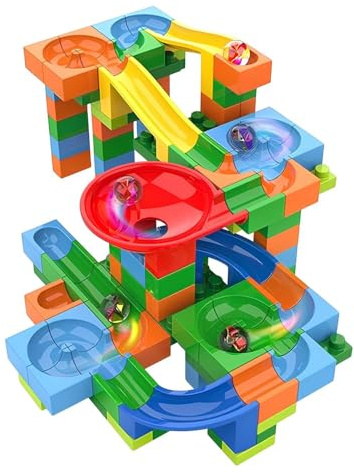 Pista de canicas para construir, juego laberinto con ladrillos, construcción 128 piezas con canicas, tobogán Montaña Rusa, Marble Run Track, juego educativo STEM Bloques Circuito Carrera hacia la meta