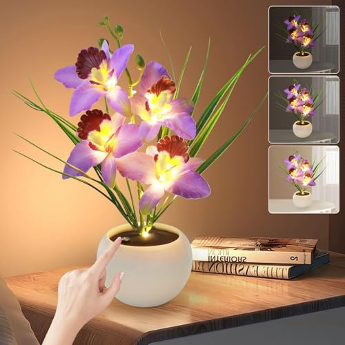 BVI BOOMERVIVI Artificial Flower Night Light, Touch Stepless Dimming USB Rechargeable Orchid Flower with Vase Lamp, LED Table Lamp Decorative Landscape Lights for Festival Party Home Decor (Purple)