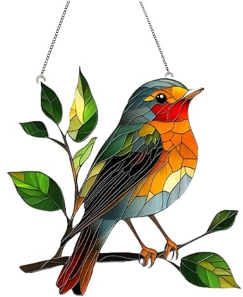 Robin Suncatcher for Windows & Garden,2D Stained Glass Effect Hanging Ornament,20x20cm Outdoor Heart Shape Decoration, for Bird Enthusiasts and Women,Colorful Acrylic Bird Ornaments