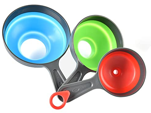 Dioche Juego de Embudos Plegables de Silicona – Embudo de Cocina de Boca Ancha de 3 Piezas para Llenado de Líquidos – Diseño No Tóxico que Ahorra Espacio en Azul, Verde y Rojo