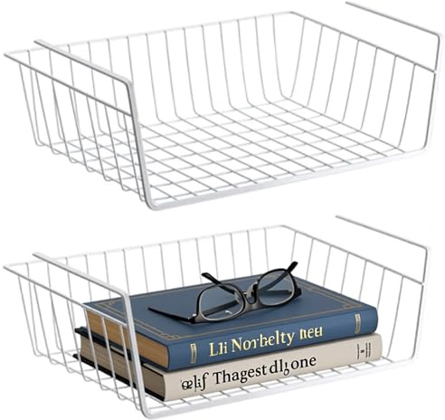 MITUMORMOR 2 Stück Unterregal Aufbewahrungskorb, Hängekorb Metall Aufbewahrungskorb, Hängekorb Regal Unter Schrank Korb-Organizer Schwarz Regaleinhängekorb für Küche,Speisekammer, Schrank - Weiß