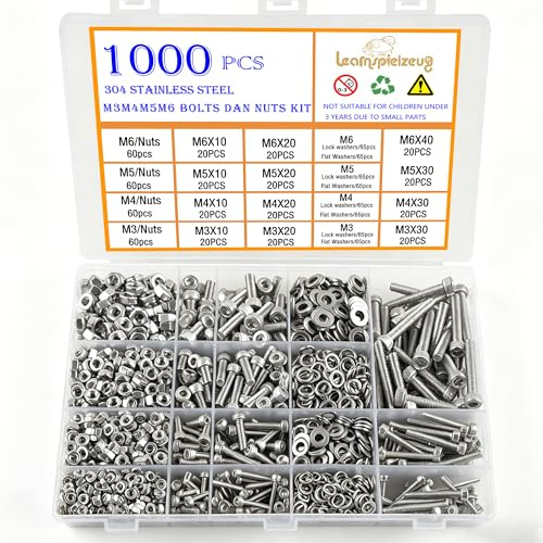 1000pcs Nuts and Bolts Set M3 M4 M5 M6 Hex Socket 304 Stainless Steel machine screws washers nuts and bolts assortment for repair DIY machinery 3D printer With Storage Box Learnspielzeug