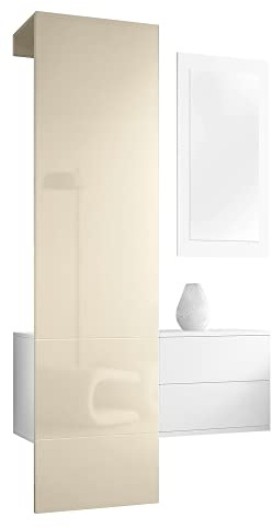 Vladon Garderobe Carlton Set 2, Made in Germany, Garderobenset bestehend aus 1 Garderobenpaneel, 1 Schubkastenschrank und 1 Wandspiegel, Weiß matt/Creme Hochglanz (105 x 193 x 35 cm)