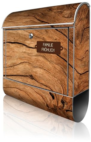 banjado Design Briefkasten personalisiert 38,5x46,5x13cm & 2 Schlüssel - Briefkasten Stahl Silber Zeitungsfach pulverbeschichtet - Postkasten A4 Einwurf inkl. Montagematerial - Motiv Trockenes Holz