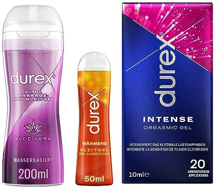 Durex Play Gleitgel Mixpackung für Frauen & Männer - Set mit Gleitmittel Aloe-Vera 200ml, Gleitgel Wärmend 50ml und Orgasmus-Gel 10ml auf Wasserbasis für Sex & kondomegeeignet 260 ml (3er Pack)