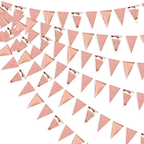 30 Feet Double Sided Glitter Paper Triangle Flag Bunting Pennant Banner for Birthday Holiday Wedding Anniversary Bridal Shower Hen Party Theme Party Supplies Decorations（Glitter+Metallic Rose Gold)