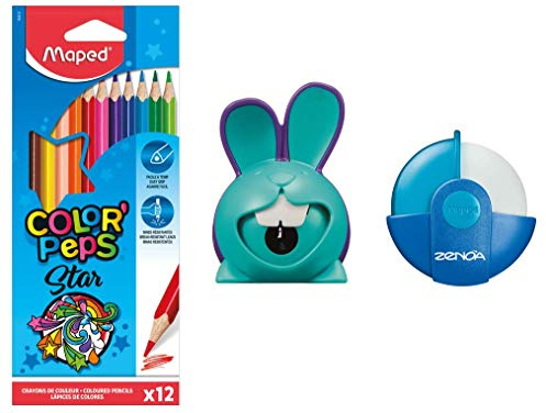 Maped Färgläggningssats med 12 Peps-färgpennor + blått Zenoa-gummi + Croc Blue Rabbit pennvässare